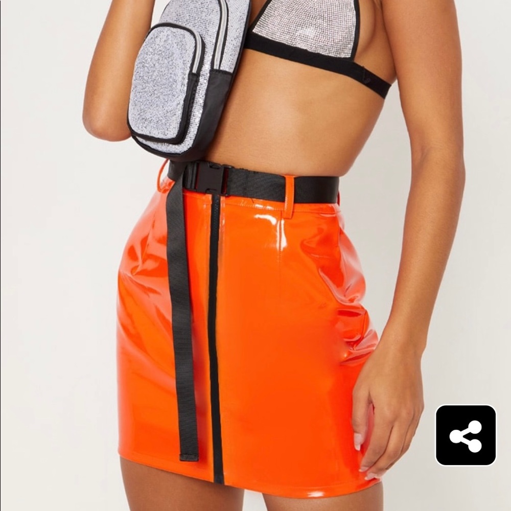 Orange Vinyl Zip Detail Belted Mini Skirt